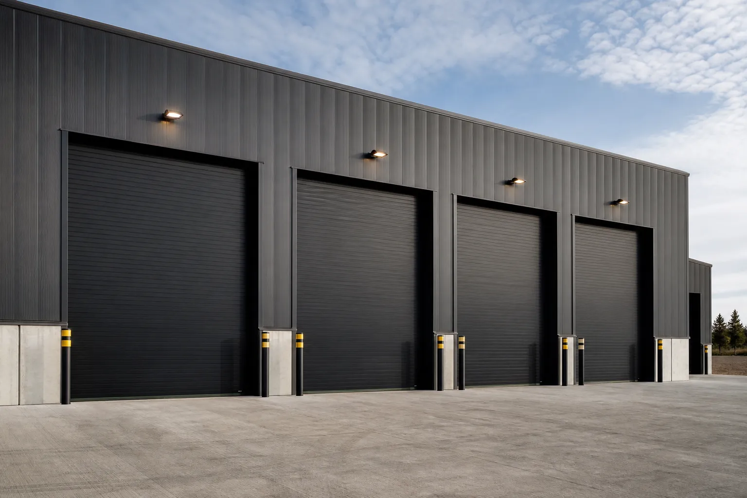 Industrial rolling doors installed across multiple facility bays