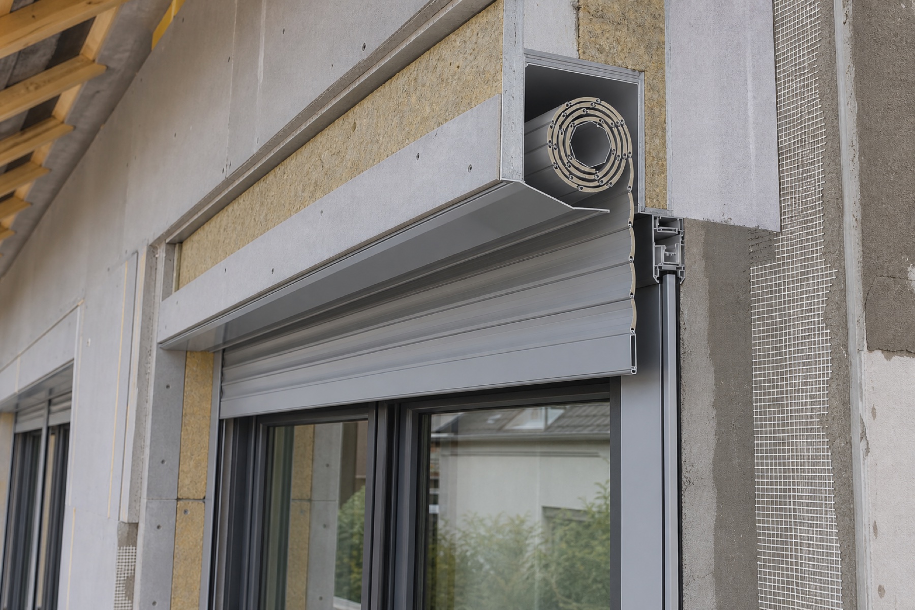 Concealed built-in roller shutter box being integrated into a modern exterior wall before the facade is finished