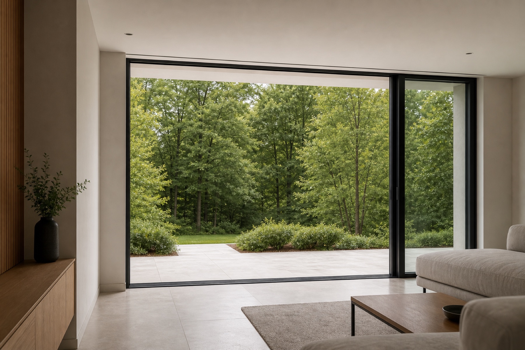 Interior view through a wide patio opening with the built-in roller shutter fully concealed above
