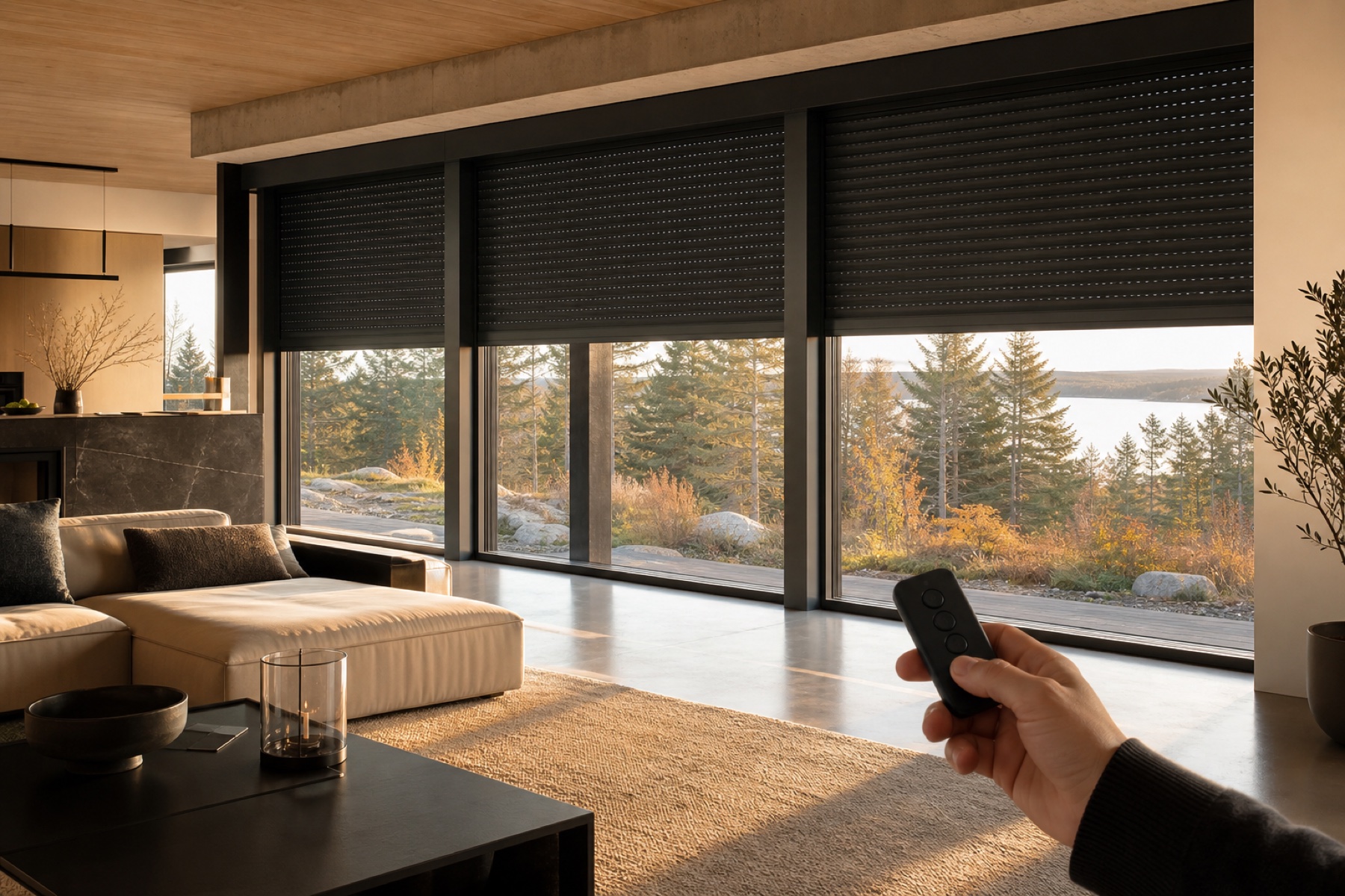 Smart remote controlling anthracite motorized roller shutters in a contemporary living room