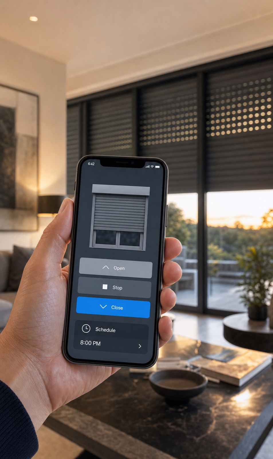 Smartphone app controlling motorized shutters immediately or on a timed schedule