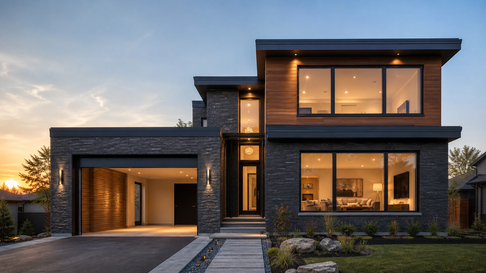 Contemporary home with motorized shutters and rolling garage door