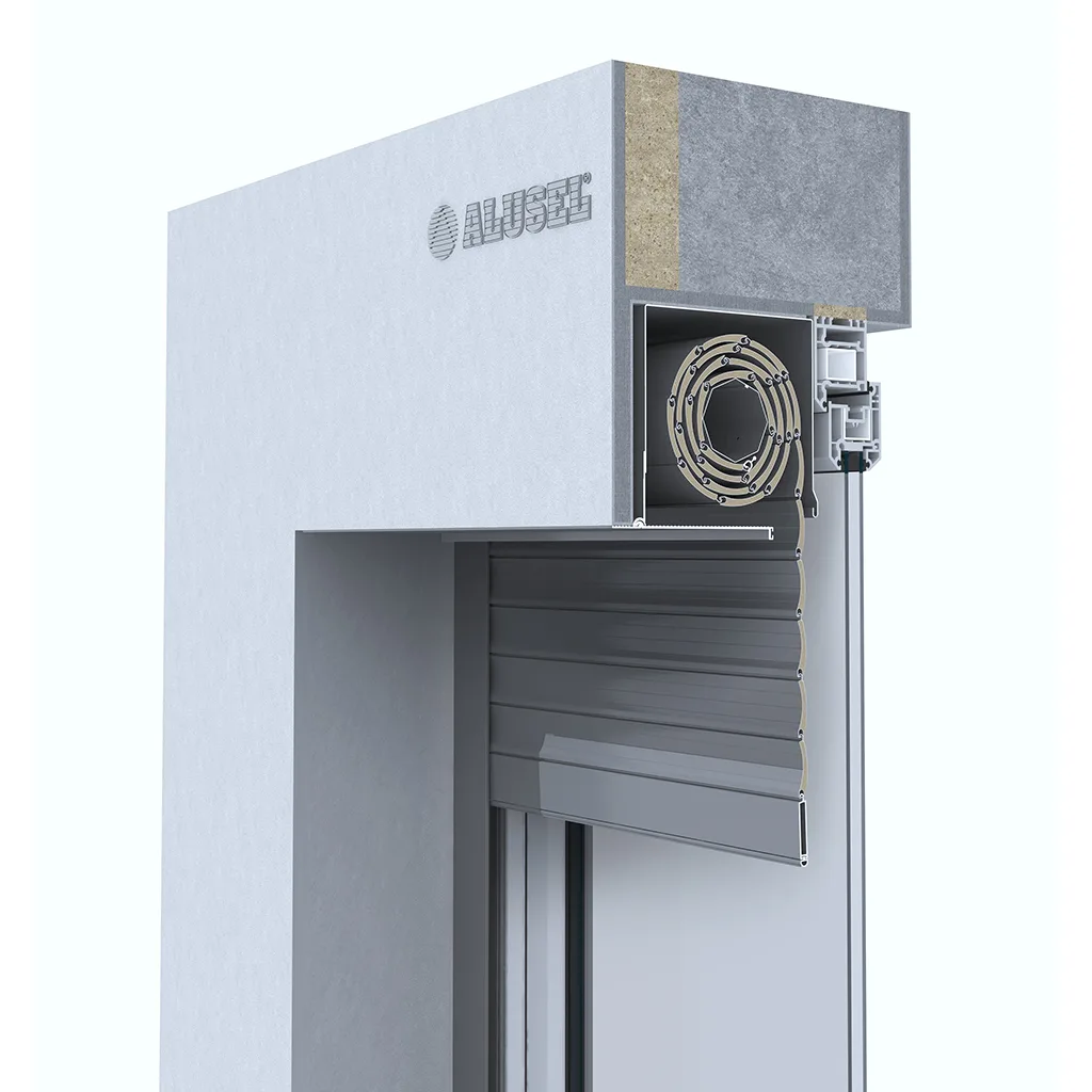Technical cutaway showing a concealed built-in roller shutter box above a window opening